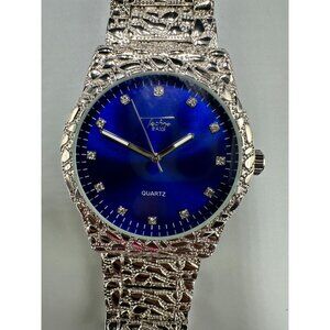 Techno Pave Watch Men Silver Tone Nugget 42MM Blue Dial New Battery 8.75 Inch